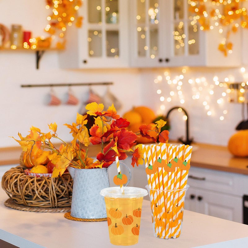 Whaline 50 Pcs Fall Plastic Cups with Lids and Straws Orange Pumpkin Clear Plastic Cups 12 Oz Pumpkin Disposable Cup for Autumn Thanksgiving Party Supplies - Image 5